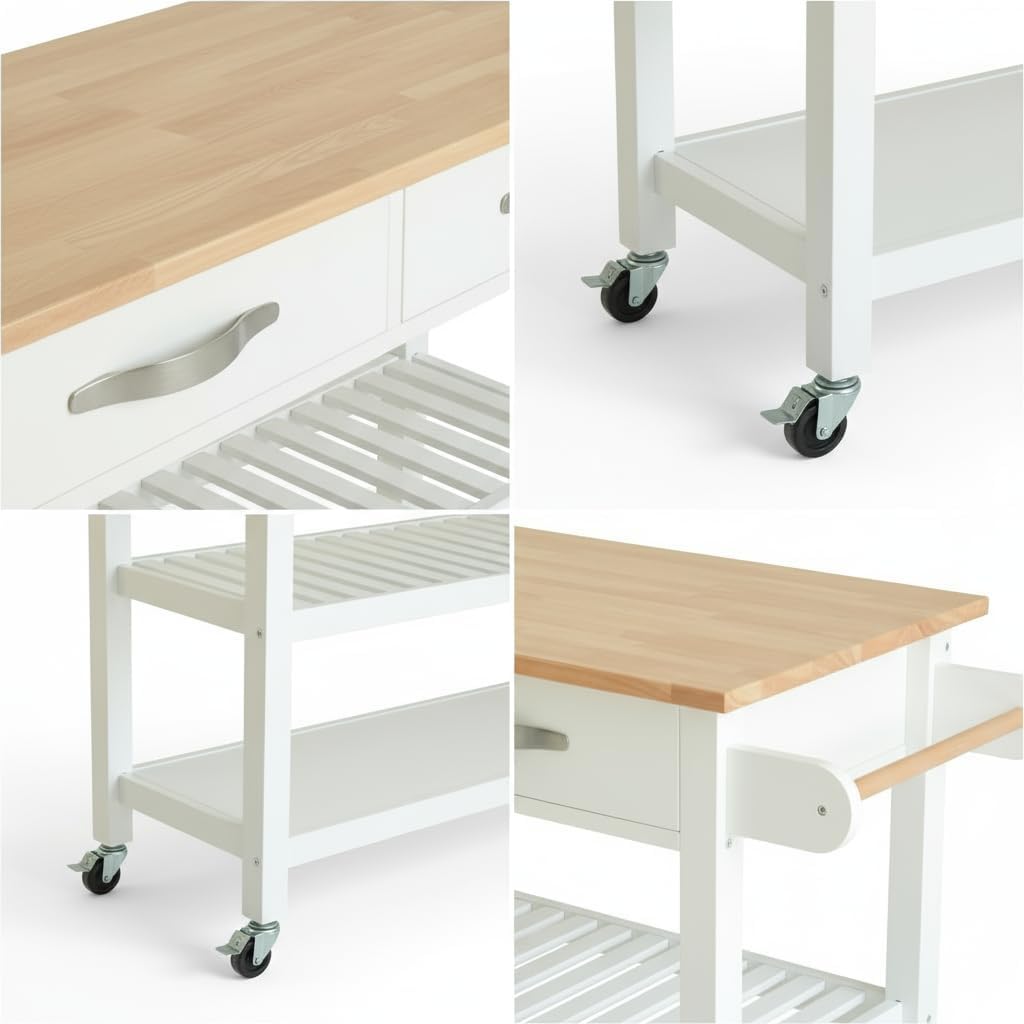 Kitchen Island 45" Rolling Kitchen Island Cart On Wheels with 2 Drawer and Towl Rack 3 Tiers Rolling Utility Cart with Solid Wood Top Serving Trolley for Dining Room White