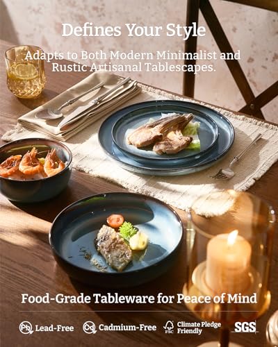 Image of Famiware Milkyway Stoneware Dinnerware Set, 16-Piece, Including Pasta Bowl, Double Reactive Glaze, Plates and Bowls, Service for 4, Microwave and Dishwasher Safe, Scratch-Resistant, Dusty Blue