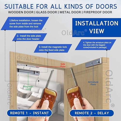 Image of OldArc ER2 EM Lock 600lbs + 2 Remotes Door Lock | Electromagnetic Locks Remote Control Doors | 2 Wire electromagnetic Doors Lock | Wireless Remote Unlock Door Access Control | 12VDC Electric Locks