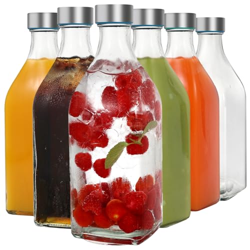 LIMILI Botellas de vidrio, botella de agua de vidrio de 1 litro con tapas de acero inoxidable, a prueba de fugas, reutilizable, para bebidas frías y calientes, fiestas, hogar, cocina (6 unidades)