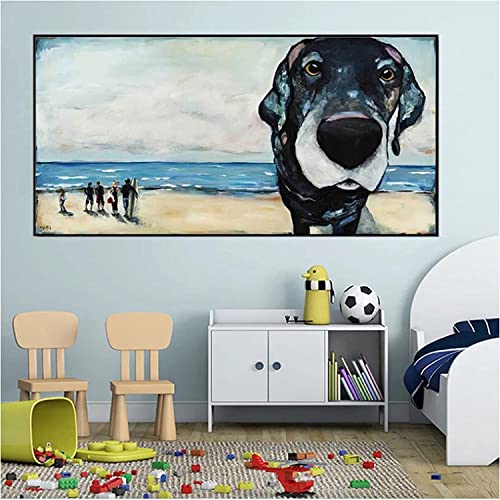 Dog on Beach Canvas Wall Art Cute Puppy Pictures Funny Dog Poster Beach