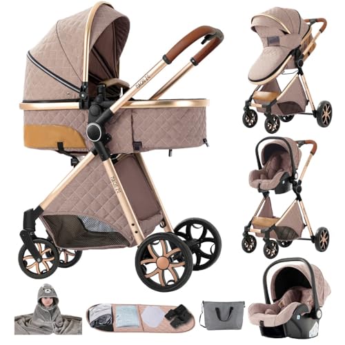 Carrito bebe 3 en 1,cochecito de bebé de paisaje alto,cochecito plegable,marco de aluminio,toalla de baño gratis(Caqui)