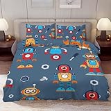 Delerain Comforter Cover Set Twin Size, Cute Cartoon Robots 3-Piece Bedding Set for Boys Girls Teens Modern Soft Microfiber Bedroom Set Room Decor, 1 Duvet Cover + 2 Pillowcases