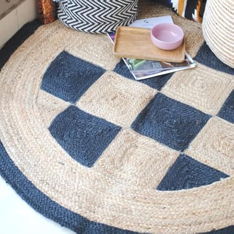 ART AVENUE Area Rug Braided Netural Jute 120cm Round Home Living Room Floor Carpet Mat outdoor rug (4FT) (Beige & Black) Cover