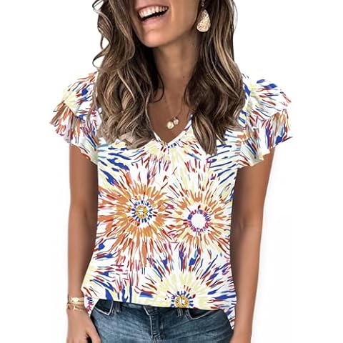 DouBCQ Womens Summer Ruffle Short Sleeve Tops Casual V Neck Shirts Loose Flowy Tunics(Colorful Fireworks,Medium) Cover