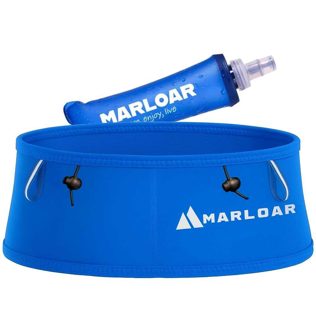 MARLOAR Marsupio Running + Borraccia Morbida 250 ml in regalo - Marsupio corsa - Marsupio Corsa Running con porta pettorali e porta bastoncini, Nero + Borraccia Morbida 250 ml (OceanEdition, L)