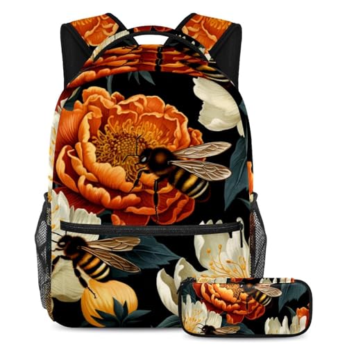 Cartable de grande capacité avec trousse à crayons à motif fleurs et abeilles pour adolescents