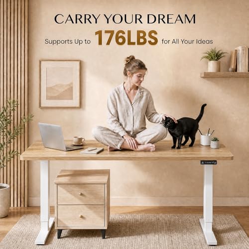 Image of Grandder 47x32 Large Electric Standing Desk, Height Adjustable Computer Desk with 2 Memory Presets, 31.5 inch Deep Desktop Sit Stand Desk Home Office Desk Workstation Table with Hooks, Oak