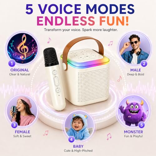 Image of One94Store Portable Bluetooth Speaker 10W with Wireless Karaoke Mic, Bluetooth 5.1, 8H Playtime, 5 Voice Change Effects, RGB LED Lights, TF Card Support, Type-C Charging - Cream Color