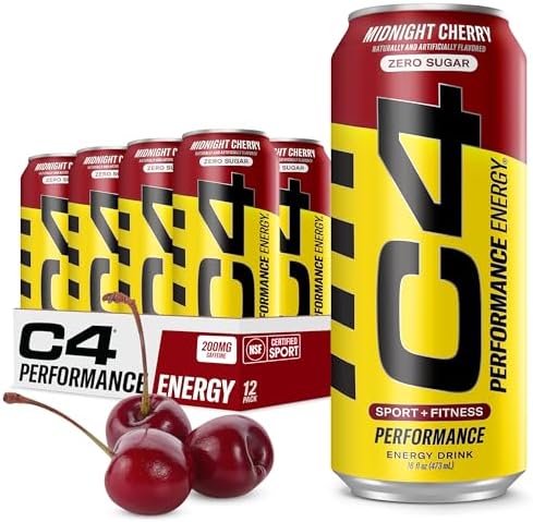 Cellucor C4 Energy Carbonated Zero Sugar Energy Drink, Pre Workout Drink + Beta Alanine - Midnight Cherry - 16 FL OZ (473 ml) - Pack of 12 (Packaging May Vary)