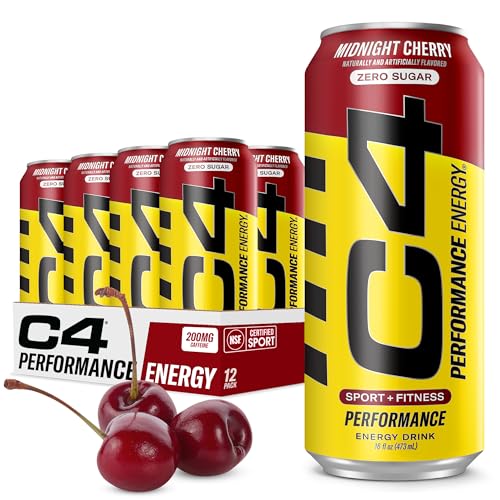 C4 Energy Carbonated Zero Sugar Energy Drink, Pre Workout Drink + Beta Alanine, Midnight Cherry, 16...
