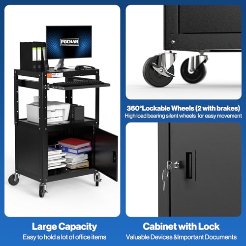 Height Adjustable Steel Frame AV Cart with Keyboard Tray - Comes with Locking Cabinet and 5ft 9in Power Strip Black - Thumbnail 6