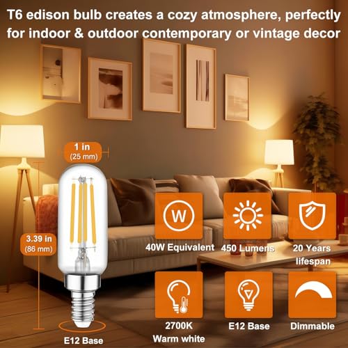Image of Vinaco T6 LED Candelabra Bulb Dimmable 4W 2700K Warm White for Chandelier | 6PCS 40W Eq. 450LM, 360Beam, NO Flicker, 3.39 Inch, Clear Glass E12 LED Edison Bulb, for Ceiling Fan light, Pendant, Sconce