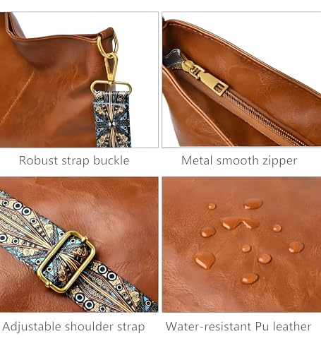 Image of Vegan Leather Hobo Bag with Boho Strap, Brown, 32cm x 11cm x 26cm, Water-Resistant