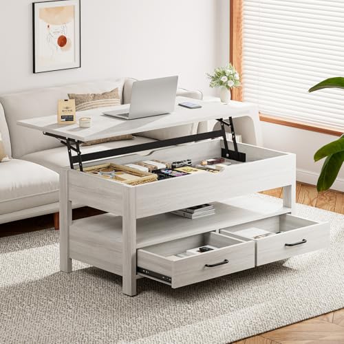 IKIFLY ローテーブル 昇降式 木製 コーヒーテーブル 引き出し付き 収納付き センターテーブル 大容量収納リビングテーブル 高さ調整リフティングローテーブル 簡単開閉 ホンムオフィステーブル リビングルーム オフィス用 在宅勤務 食事一人暮らし 幅90×奥行45×高さ46-59cm (グレー)