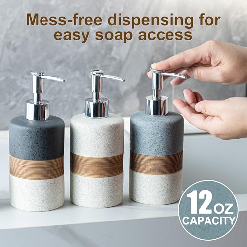 Image of Ceramic Dish Soap Dispenser for Kitchen, Hand Soap Dispenser | Bathroom Soap Dispenser Set with Silicone Funnel, Stainless Steel Pump | Shampoo and Conditioner Dispenser, 12 Oz Black