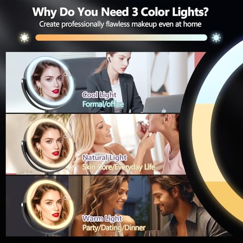 MIYADIVA Makeup Mirror with Lights,20X Magnifying Mirror with Light and Touch Switch,Vanity Mirror with 3 Color Light and 80 LEDs,2-Sided Lighted Magnified Mirrors 8.8 Inches, Black by MIYADIVA - Image 4