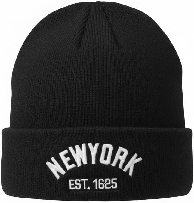 New York Winter Knit Beanie with Logo, Unisex - One Size - Black Color, Insulated Comfy Hats, Cuffed Design - Image 2