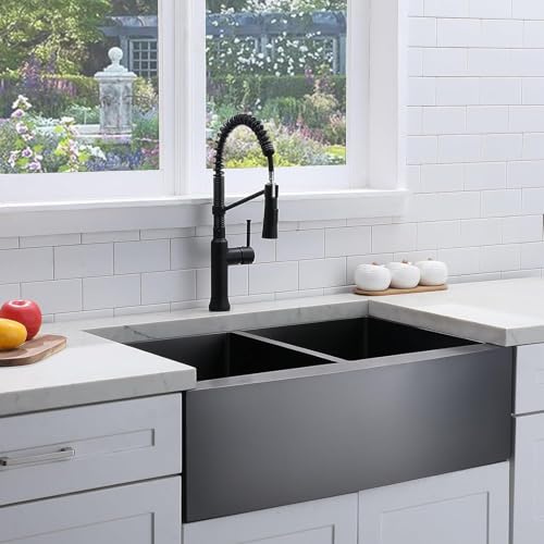 Image of SHACO 33 Inch Black Double Bowl Divided 50 /50 Farmhouse Sink, 33x21 Gunmetal Black Stainless Steel Undermount Apron Front Farm Kitchen Sink