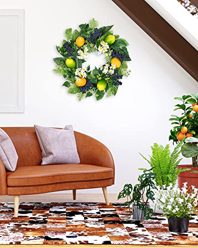 18 Inch Lemon Wreath For Front Door,Vlorart Spring Summer Wreath With Yellow Lemons,Blueberry And Artificial Green Eucalyptus Fern Leaves For Wall Window Farmhouse Indoor Outdoor Festival Home Decor #TOP4
