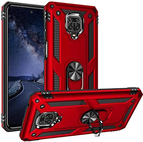 Image of DR VAKUHybrid Ring Armor Back Cover for Redmi Note 9 Pro Tough Armor Bumper Case with 360 Metal Rotating Kickstand Ring Holder - Red