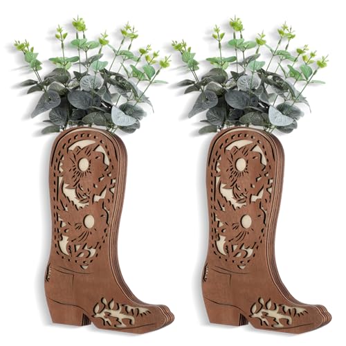 Image of Havawish 2 Pcs Western Wall Decor Wood Cowboy Boots Wall Planter for Indoor Plants 12 x 8'' Western Boot Flower Hanging Vase for Flower Faux Rustic Home Decor for Bathroom Bedroom(Vintage Style)