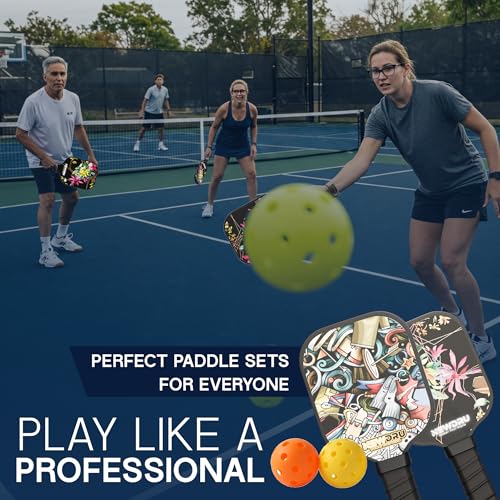 Image of NEWDRU Pickleball Paddle Set 2 Rackets & 4 Ball - Fiberglass Surface for Power & Control | Honeycomb Base Cushion Comfort Grip (2 Rackets, 4 Outdoor Balls & Portable Racquet Bag) - Space & Stars