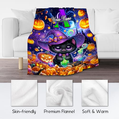 Halloween Blanket Gifts, Cat Blankets for Cat Lovers, Personalized Girls Throw with Name, Custom Monogram Gifts, Cute Flannel Throw for Kid Women (4 Sizes Choose)