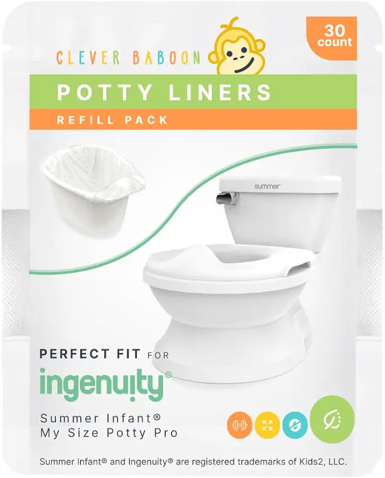 Potty Liners Compatible with Summer Infant My Potty Pro - 30 Count - Strong, Leak-Proof, Baby-Safe, Perfect Fit - Clever Baboon