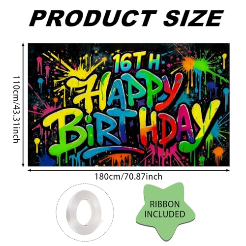 Image of Nuxovilar 16th Birthday Banner Polyester Graffiti Backdrop Decor 71 inchx43