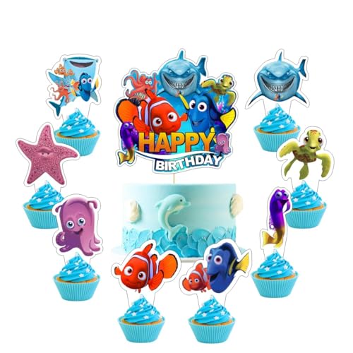 25Pcs Finding Nemo Cake Decorations with 24pcs Cupcake Toppers, 1pcs Cake Topper for Kids Birthday Party Supplies