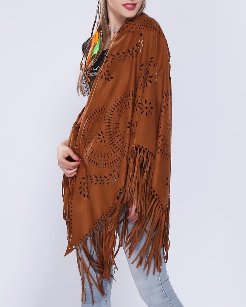 Women's Faux Suede Shawls Fringe Lace Wraps Triangle Scarf Poncho Capes Tassel Open Front Blanket Cardigan Coat - Image 4