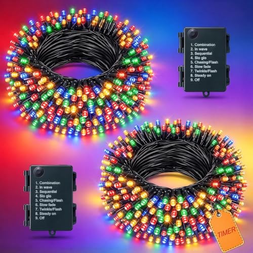 Hopelit Luces Navidad Exterior,Luces Navidad Exterior Pilas 5m 50LED 2 Piezas, Multicolor, Con Mando a Distancia y 8 Programas, IP44 Luces Navidad, Para jardín, Navidad, Boda, Fiesta