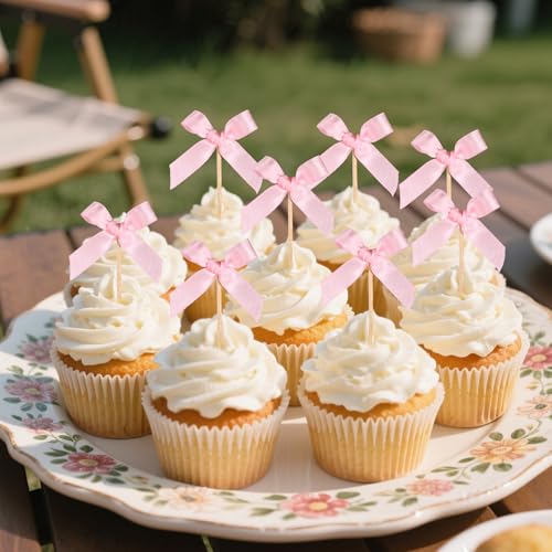 Lyreh 48pcs Pink Bow Cupcake Toppers, Coquette Bow Cake Toppers Bowknot Cupcake Picks Ideal Decorations for Birthday Bachelorette Wedding Bridal Engagement and Party Supplies