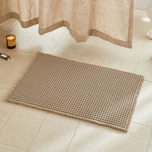 Waffle Bath Mat, Boho Bathroom Rugs Non Slip Washable Super Absorbent Quick Dry Farmhouse Bathroom Decor, 30″x20″ Khaki