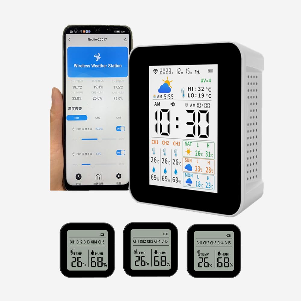 Weather Stations Wireless Indoor Outdoor Thermometer Alarm & Smart WiFi Weather Forecast Next 3 Days with Phone App Temperature & Humidity Monitor