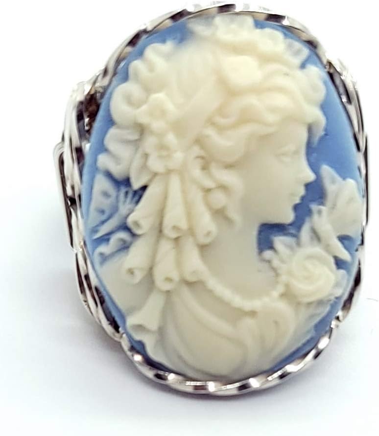 .925 Sterling Silver Blue Grecian Goddess Butterflies Large Cameo Ring Jewelry