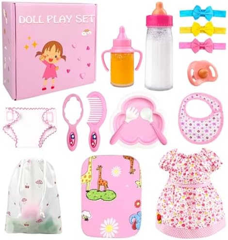 BNUZEIYI Babyzubehör – Fütterungs- und Pflegeset mit Flaschen, Windel, Wickelunterlage, Kleidung für 35,6–40,6 cm Puppen, 45,7 cm Rollenspielset für Mädchen, Geschenk