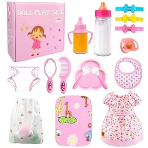 BNUZEIYI Baby Doll Accessories – Feeding and Caring Set with Bottles Doll Diaper and Changing Mat, Doll Stuff Clothes fit 14-16 Inch Doll, 18 Inch Doll Pretend Play Set for Girls Gift