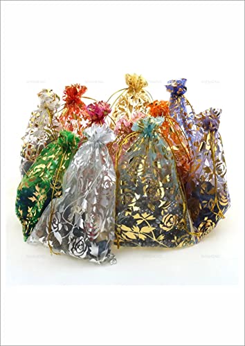Image of Beingelegant - Size : 18X24 Cms Set of 25 Large Size Drawstring Printed Bags Pouches Potli for Gift Wedding Jewelry Packaging Bridal Party Favors for Women - (Mix Colour)