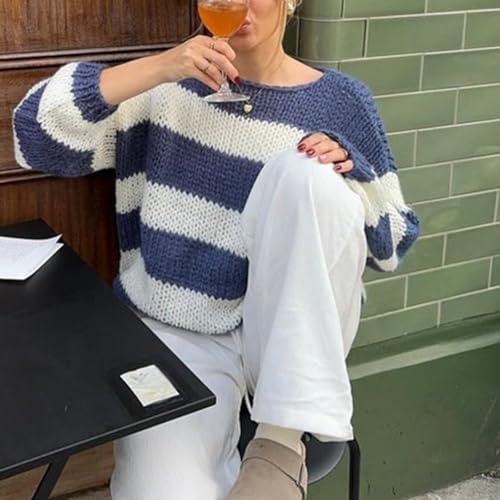 Image of Women Y2K Striped Sweater 90s Vintage Aesthetic Long Sleeve V-Neck Knit Pullover Jumper Loose Fall Sweatshirt
