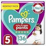 Pampers Premium Protection Windelhose Gr. 5, 136 Windelhosen, 12-17 kg, Monatspackung, sanftes Hautgefühl in Windelhöschen, Größe 5136