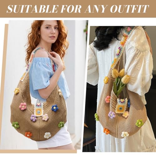 Image of PALAY Tote Bag for Woman Crochet Mesh Beach Shoulder Bags with Flower Brooch Summer Vacation Knitted Bag for Women Shoulder