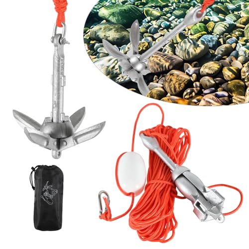 Ansobea 0,7kg verzinkter Faltanker mit 10m Ankerleine 6mm Durchmesser, PP-Boje und Karabinerhaken für Kajaks, Kanus, SUPs, kleine Boote und zum Angeln