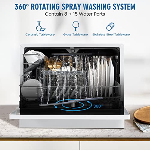 Chefjoy Countertop Dishwasher, Built-In Dishwasher With 6 Place Settings, 360° Dual Spray, 5 Washing Programs, 24H Delay Timer & Child Lock, Portable Compact Dishwasher, White #TOP5