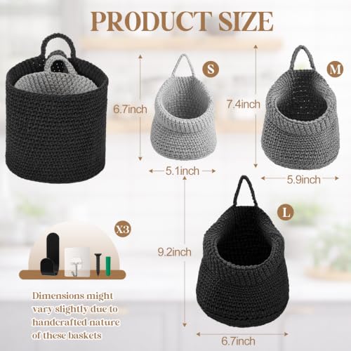 Image of Honeydak 3 Hanging Baskets, Grey, White, Dark Grey, Barrel, Cotton Rope