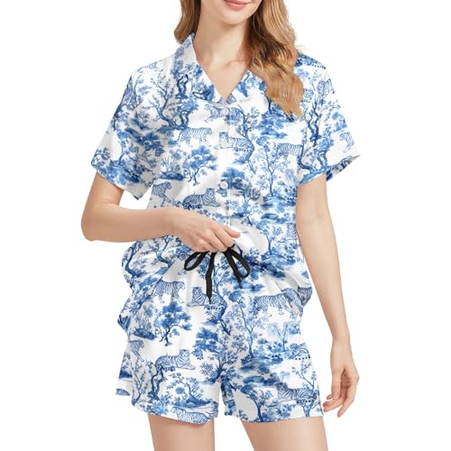 Image of Silk Satin Pajama Set for Women Summer Lounge Pjs Sets 2 Piece Suit Ladies Button Down Tops And Shorts Sleepwear