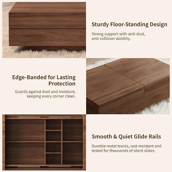 Extendable Walnut Coffee Table with Storage, Mid-Century Modern Low-Profile Tea Table with Hidden Compartments for Living Room, Sliding Extension 120cm - 208cm (47-82)