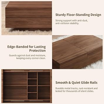 Extendable Walnut Coffee Table with Storage, Mid-Century Modern Low-Profile Tea Table with Hidden Compartments for Living Room, Sliding Extension 120cm - 208cm (47-82)