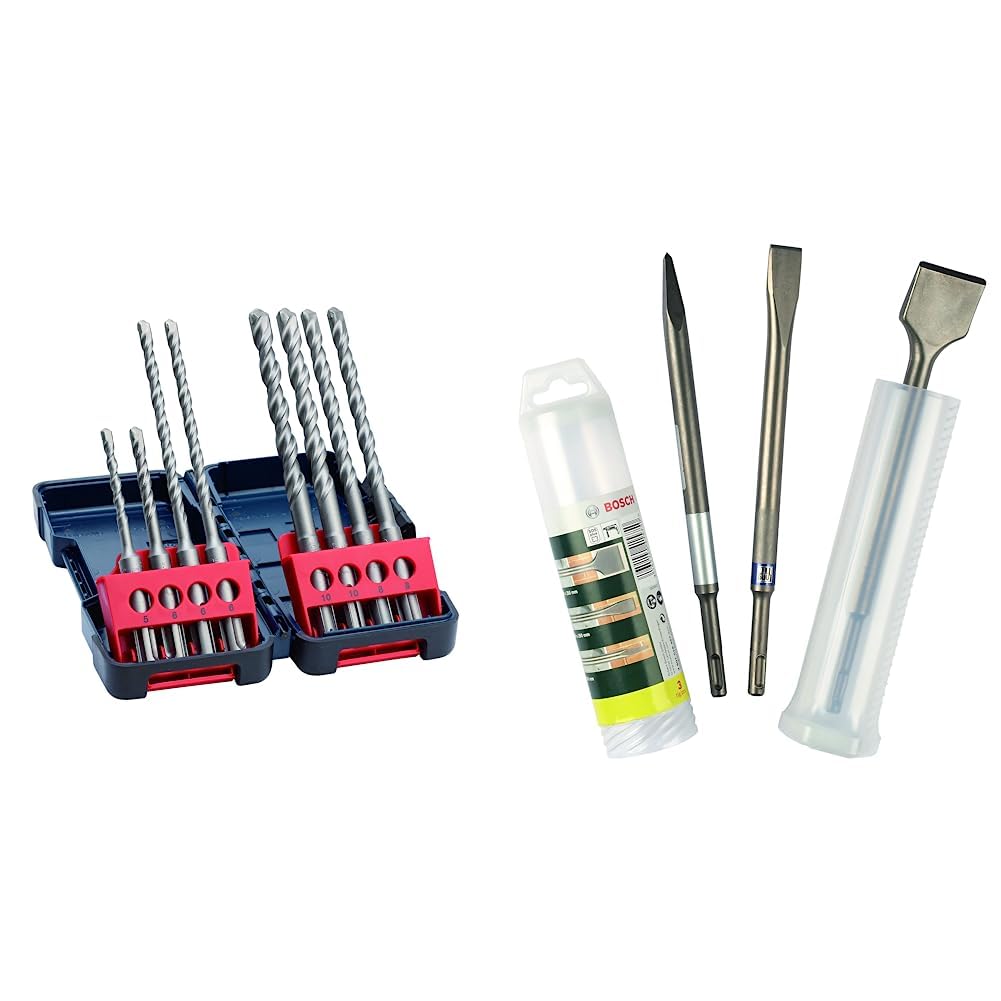 8x Coffret Forets SDS plus-3 (pour Béton, Tough Box, Ø 5–10 mm, Accessoires Rotary Hammer Drills) & 3 pièces it de burins SDS plus